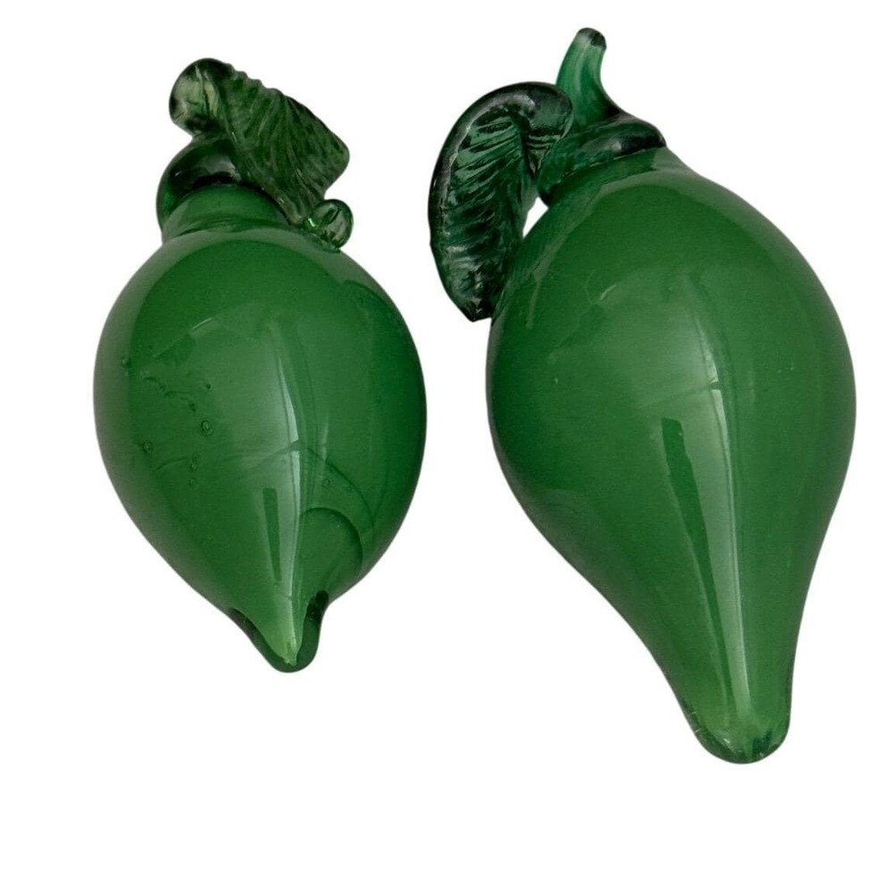 Vintage Green Art Glass Pear Figurines Heavy Hand Blown Set of 2 Decor Category: